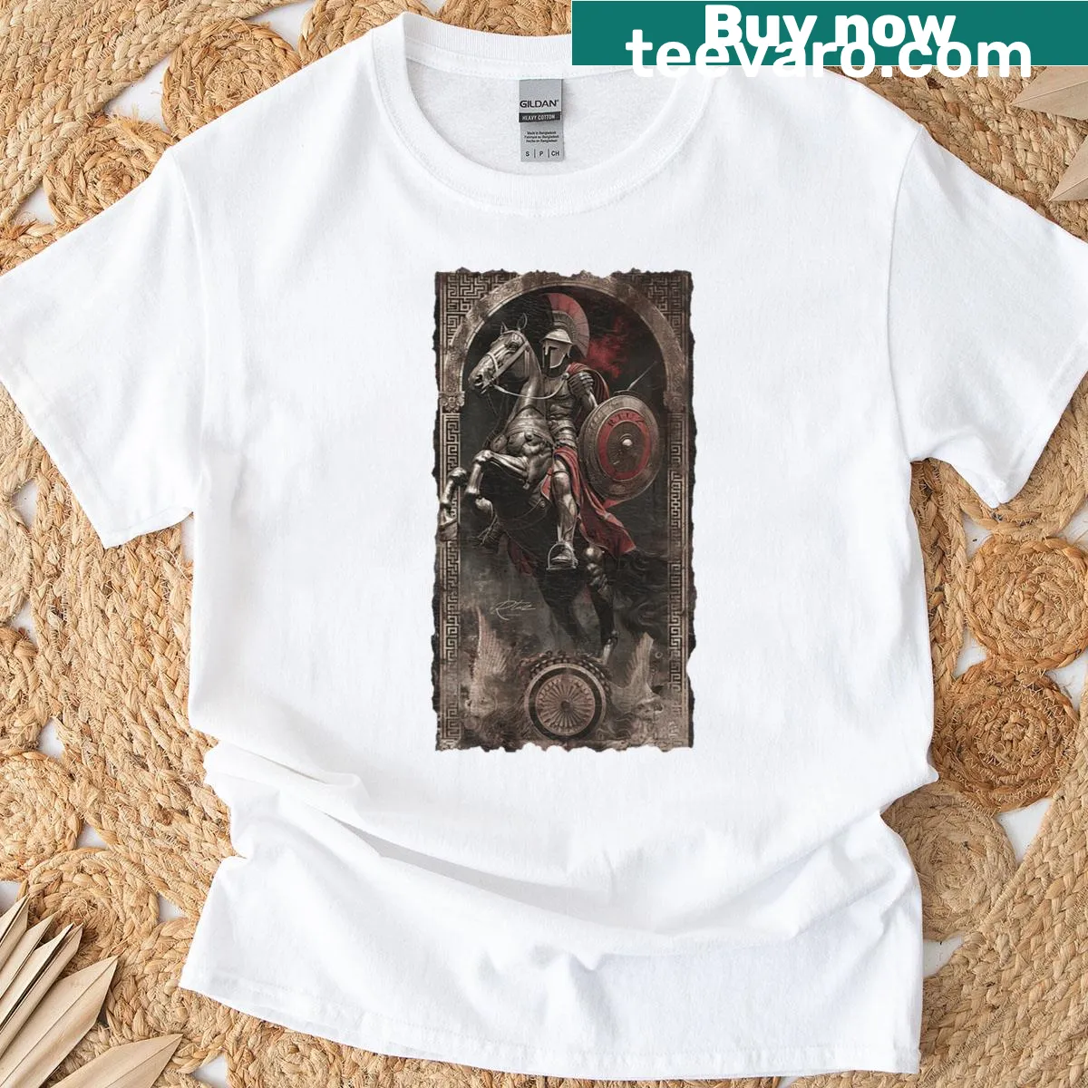 Spartan helmet design on a back-printed t-shirt — on a men's t-shirt