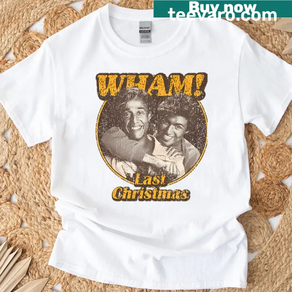 90s style Christmas T-shirt featuring a happy band illustration