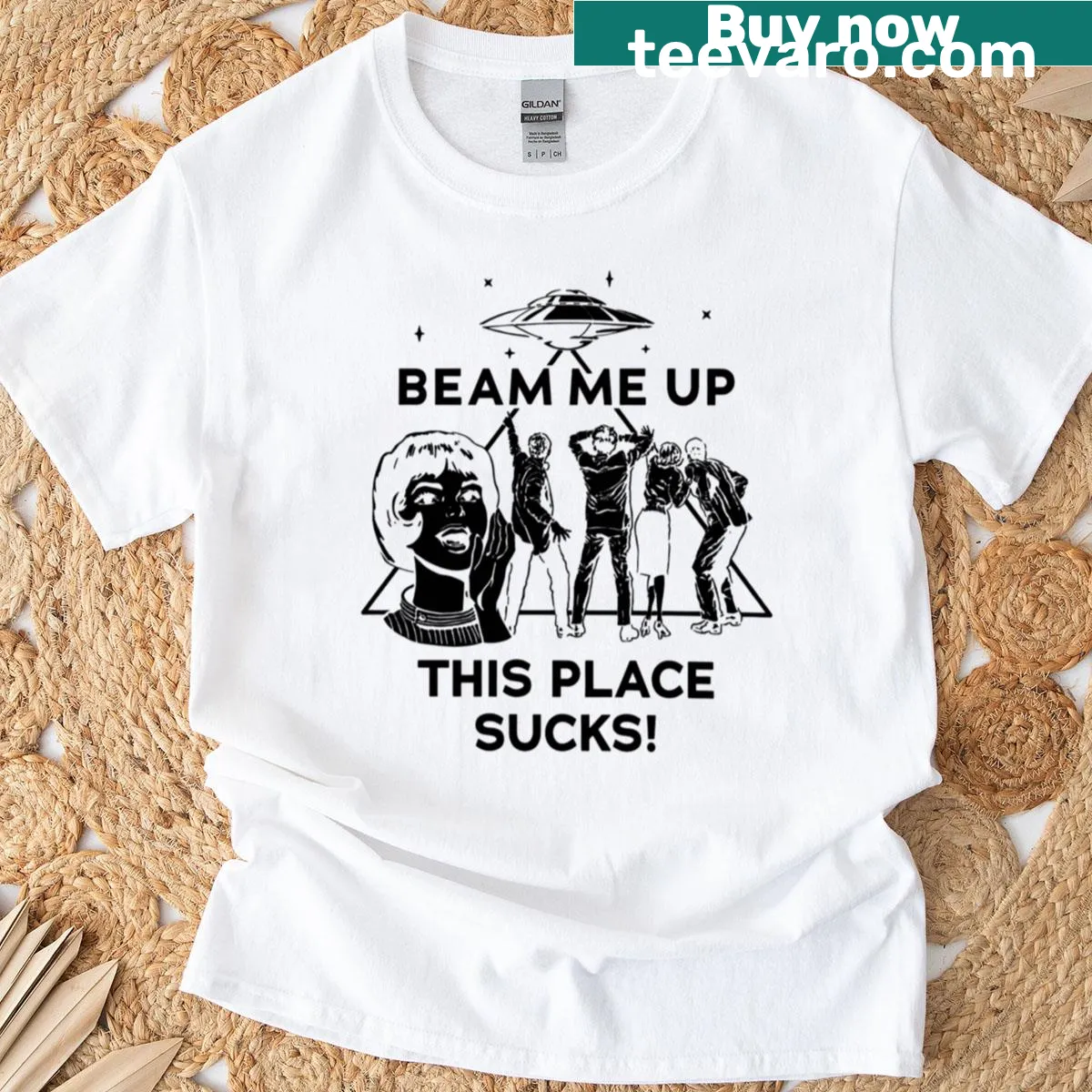 Edgy t-shirt with text 'Beam Me Up, This Place Sucks.' — on a men's t-shirt