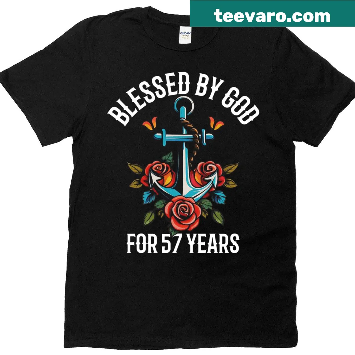 Illustration of anchor and roses with the phrase about being blessed for 57 years — on a men's t-shirt
