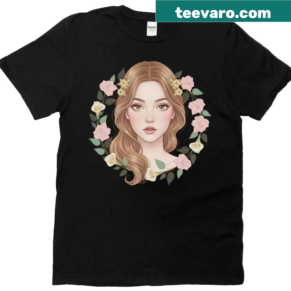 Serene floral portrait T-shirt with a halo of blossoms — on a men's t-shirt