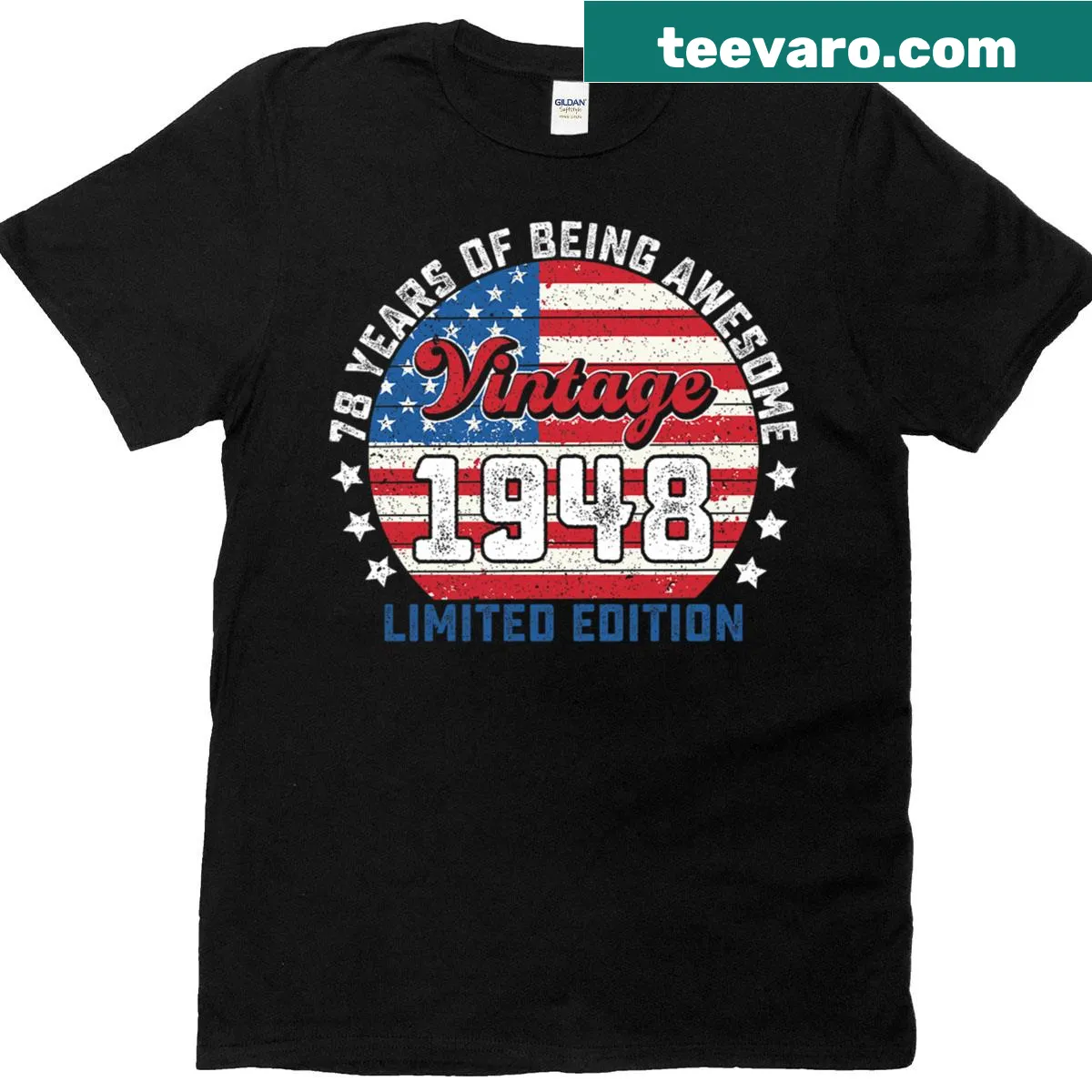 78th Birthday T-shirt with patriotic design and bold typography — on a men's t-shirt