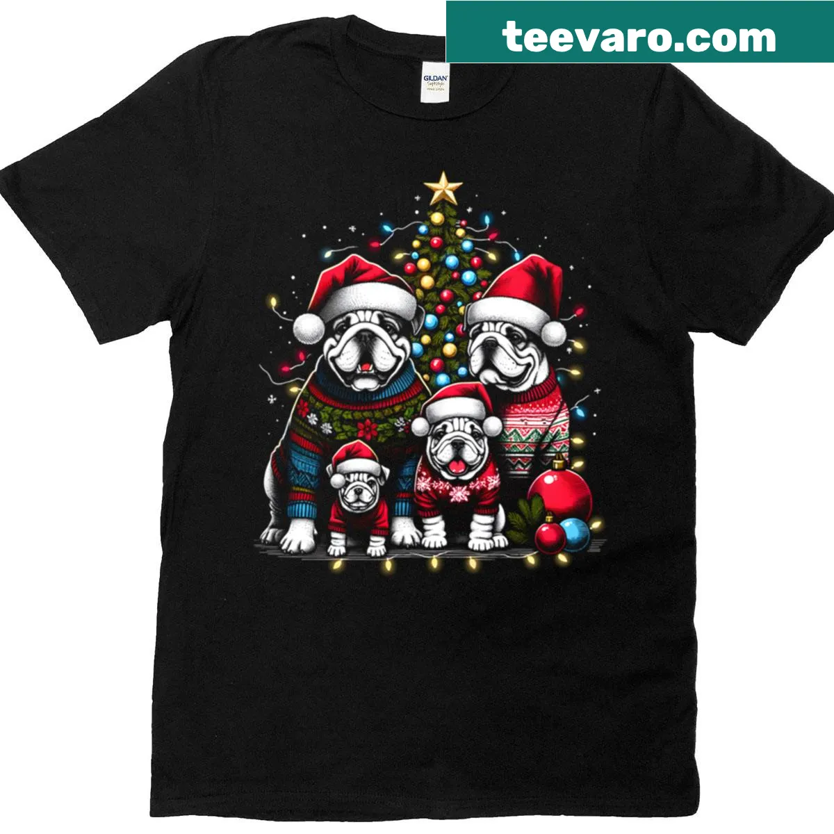 Vintage Christmas t-shirt featuring a bulldog in Santa's hat with Christmas lights — on a men's t-shirt