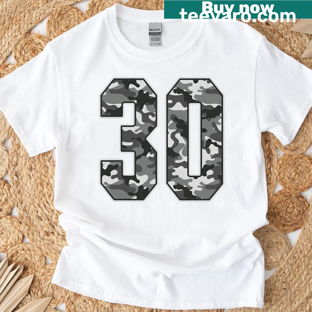 Camo jersey graphic t-shirt with number 30 for fans — on a men's t-shirt