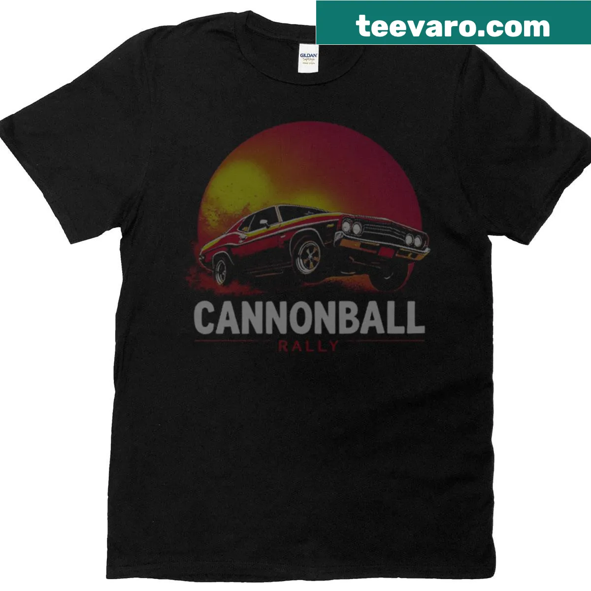 Retro-style T-shirt celebrating classic muscle cars and the Cannonball Rally — on a men's t-shirt