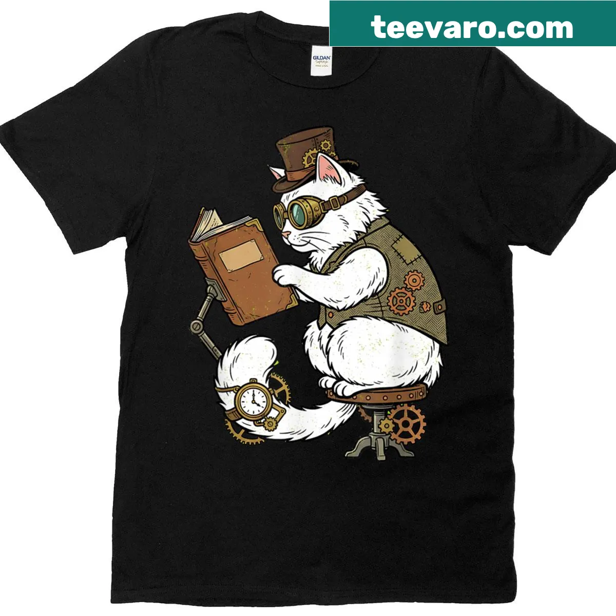 Steampunk cat reading a book with goggles and gears illustration — on a men's t-shirt