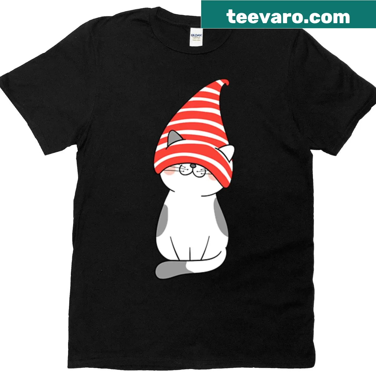 Cute cat illustration in a striped Christmas hat — on a men's t-shirt
