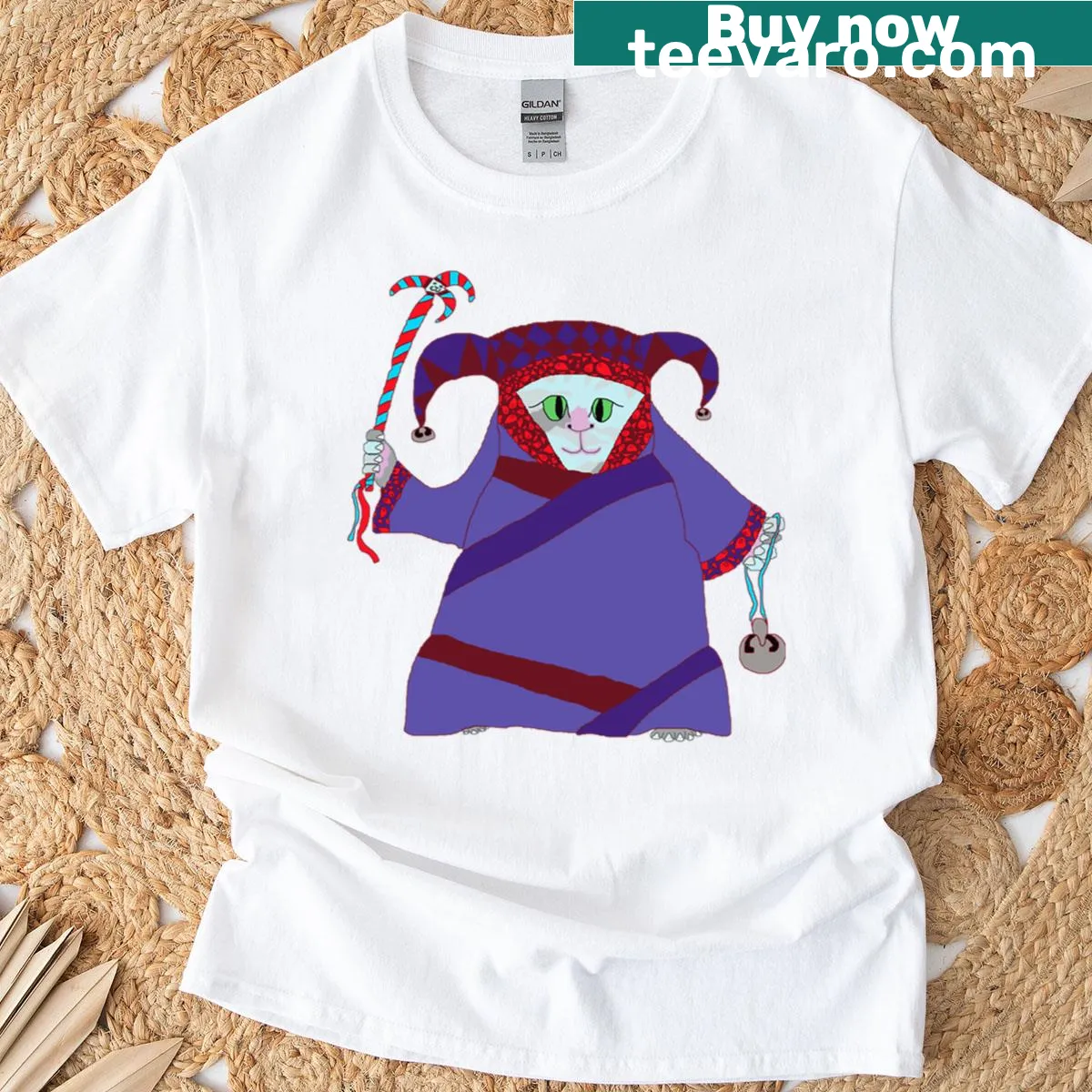 Illustration of a playful cat dressed as a jester — on a men's t-shirt