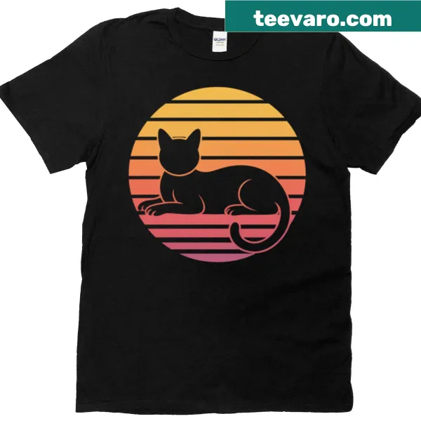 Retro minimalist cat silhouette against a sunset design
