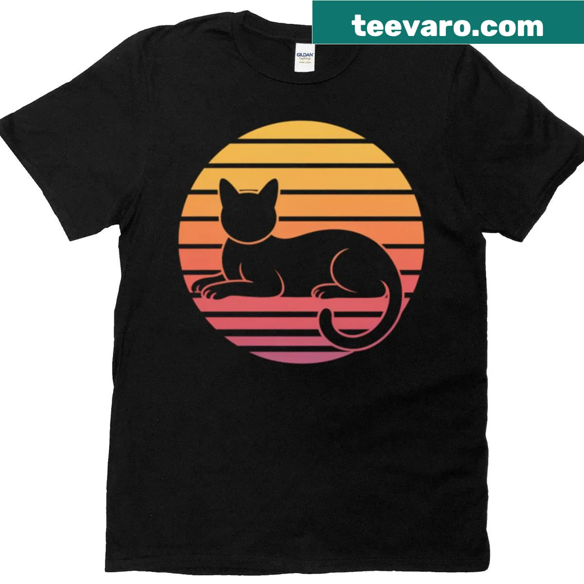 Retro minimalist cat silhouette against a sunset design — on a men's t-shirt