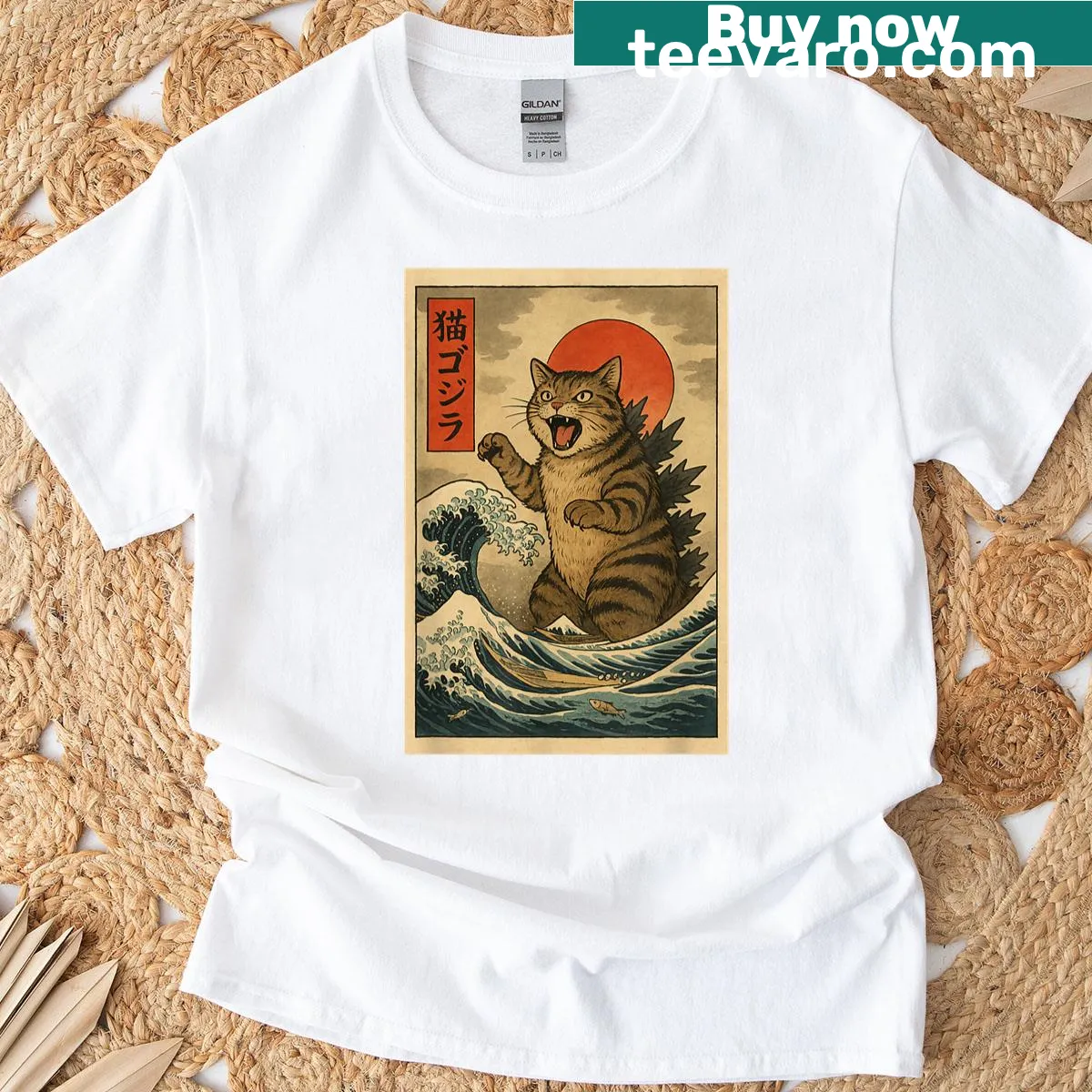 Funny Catzilla cat design inspired by Japanese art for T-shirt — on a men's t-shirt