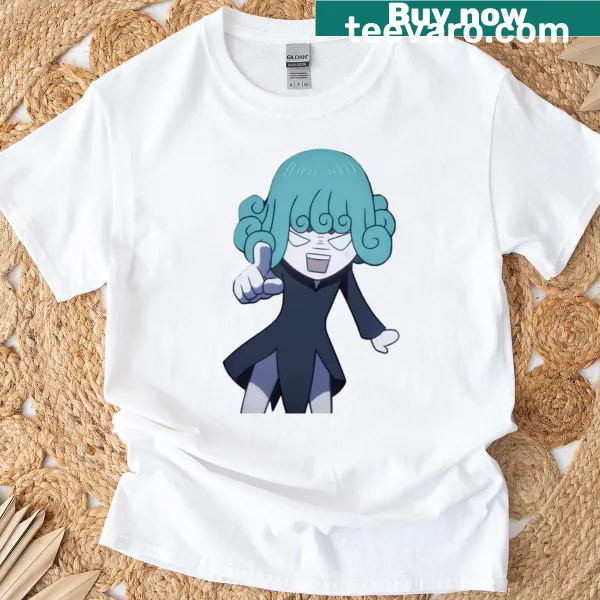 Chibi Tatsumaki pointing angrily in a cartoon style on a t-shirt