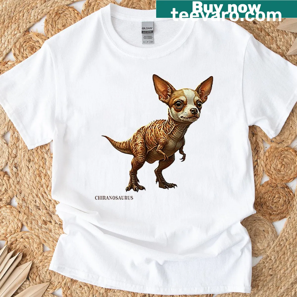 Chiranosaurus Chihuahua T-shirt with a humorous dinosaur dog design — on a men's t-shirt