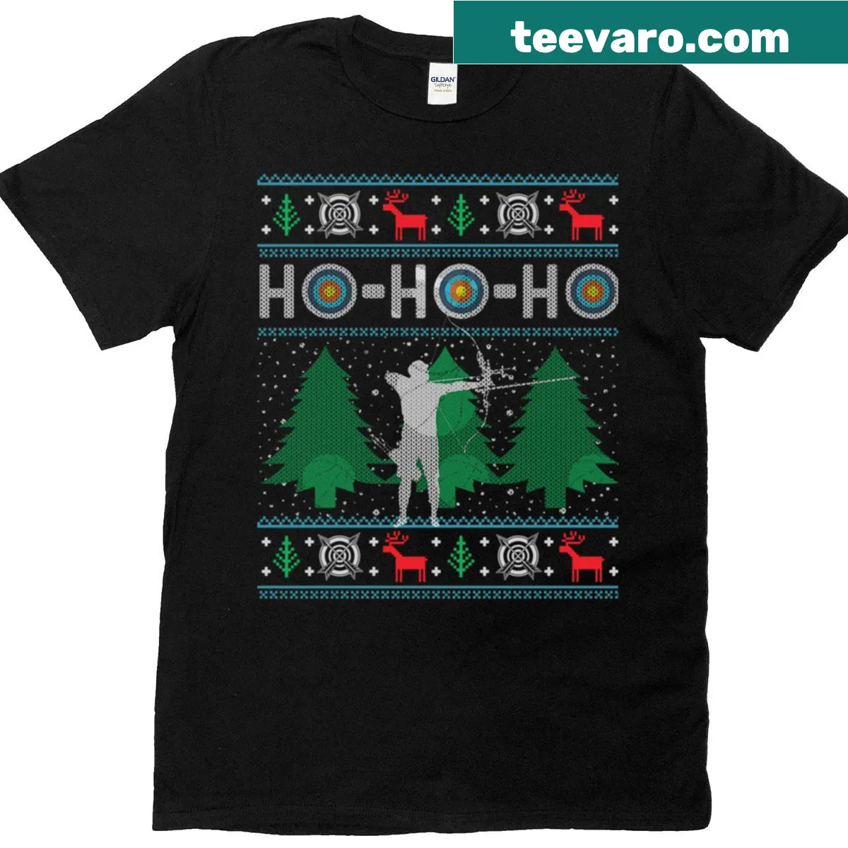 Ugly Christmas t-shirt for bow hunters with festive graphics. — on a men's t-shirt