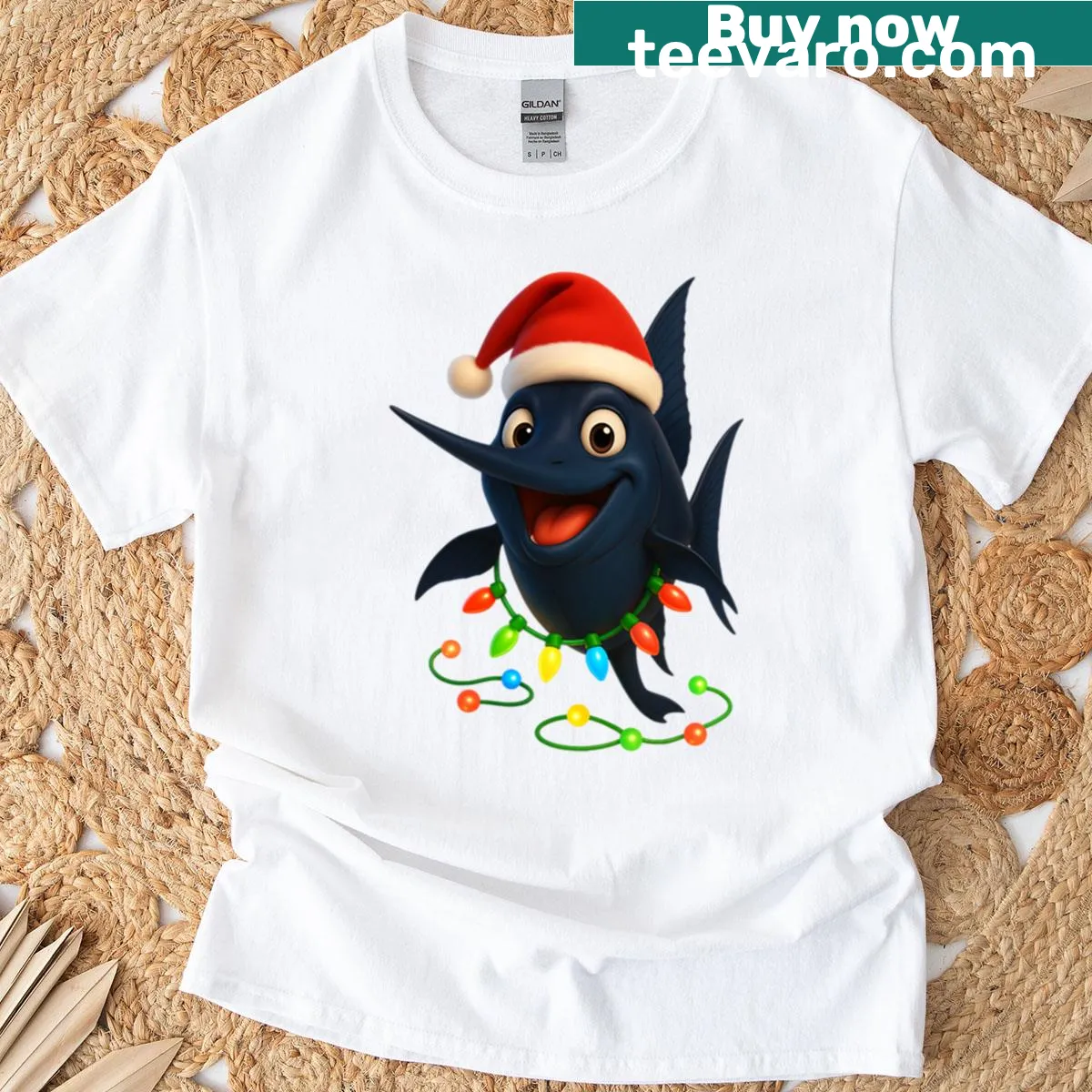 Christmas Black Marlin T-shirt featuring a marlin in festive attire — on a men's t-shirt