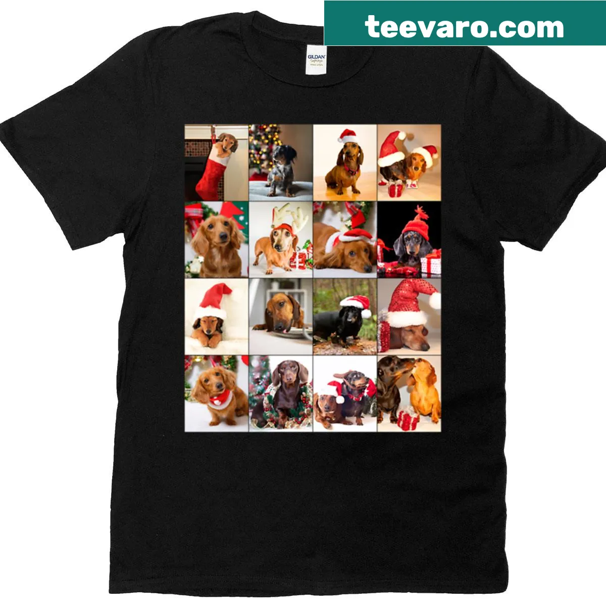 Collage of festive dachshunds in Christmas attire on a t-shirt. — on a men's t-shirt