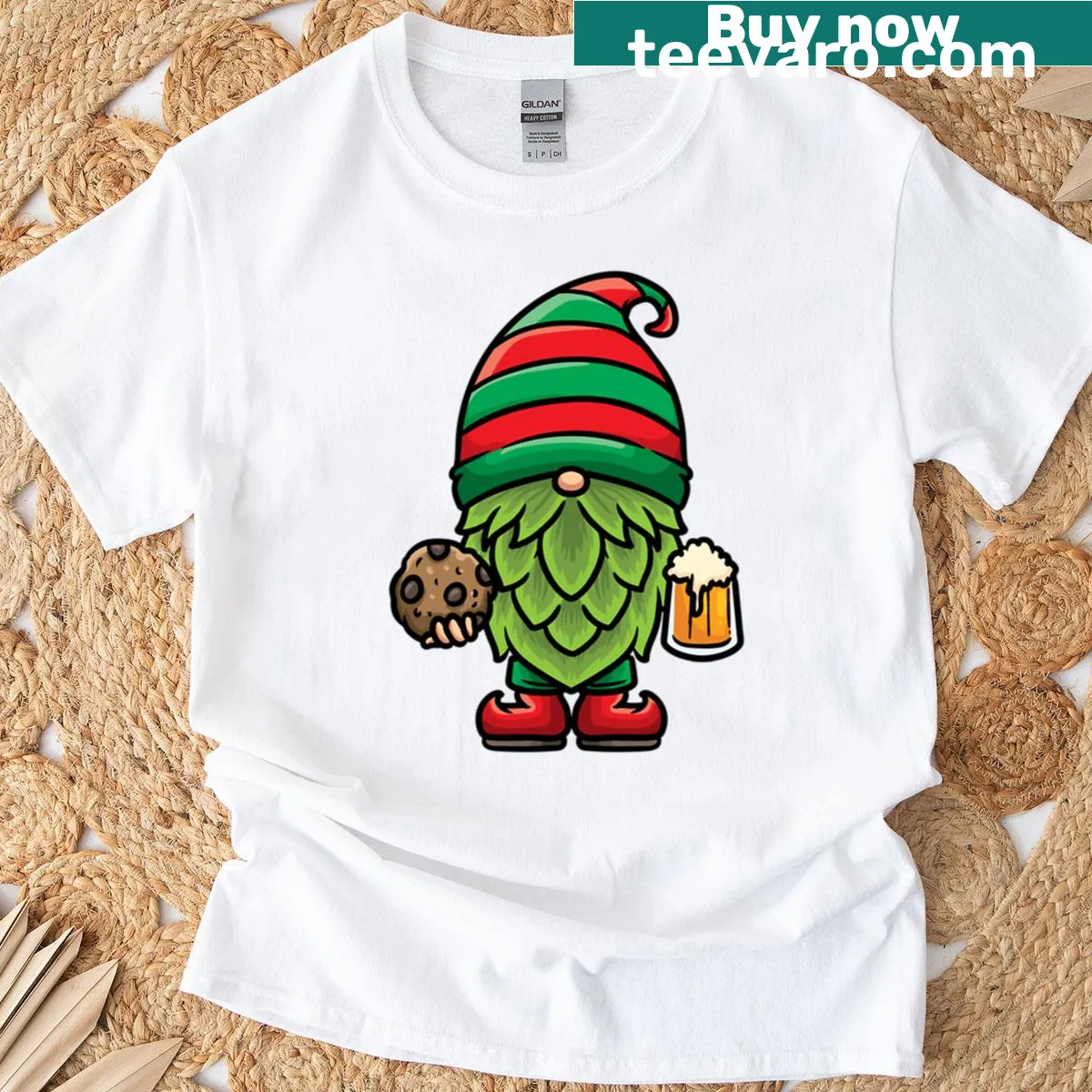 Christmas Gnome Beer Cookie T-shirt with a humorous gnome design — on a men's t-shirt