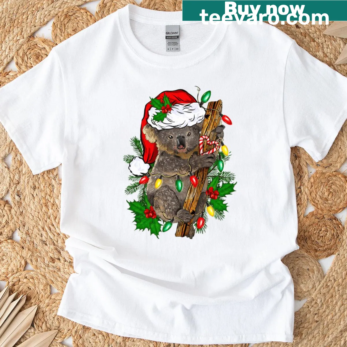 Cute koala in Santa hat with lights for Christmas design — on a men's t-shirt