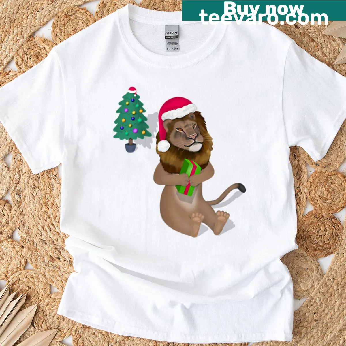 Whimsical lion graphic for Christmas T-shirt — on a men's t-shirt