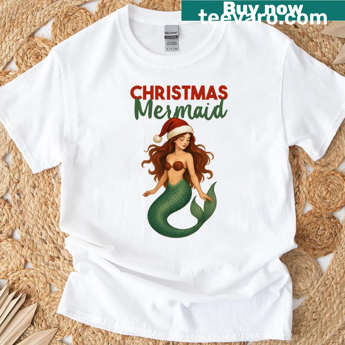 Festive Christmas mermaid graphic T-shirt — on a men's t-shirt