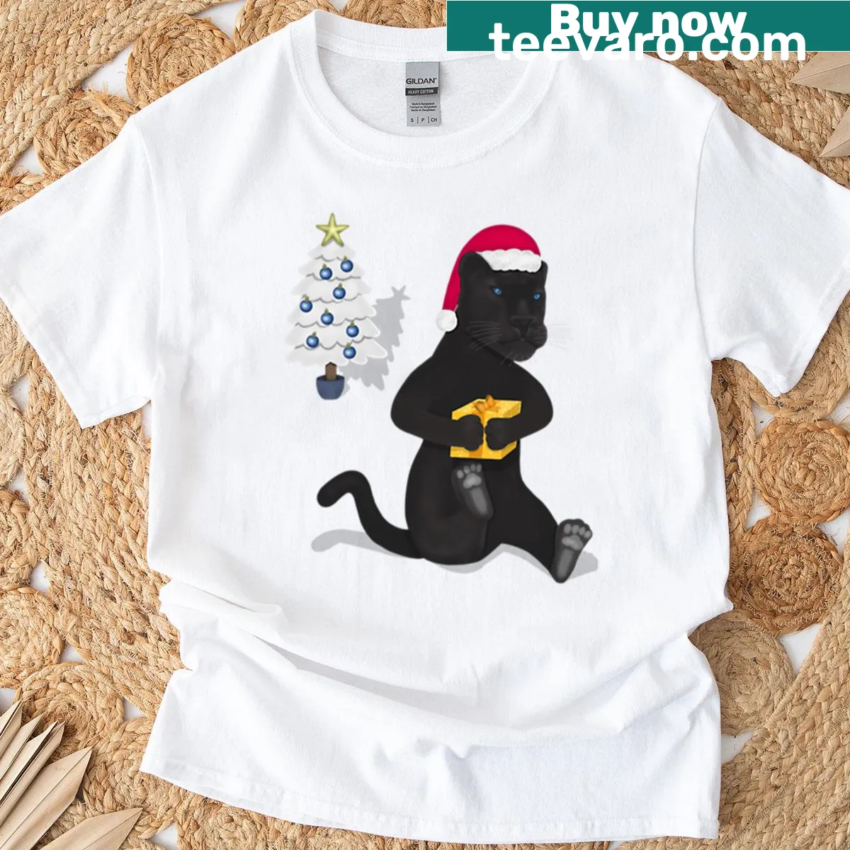 Illustration of a panther with festive decorations — on a men's t-shirt