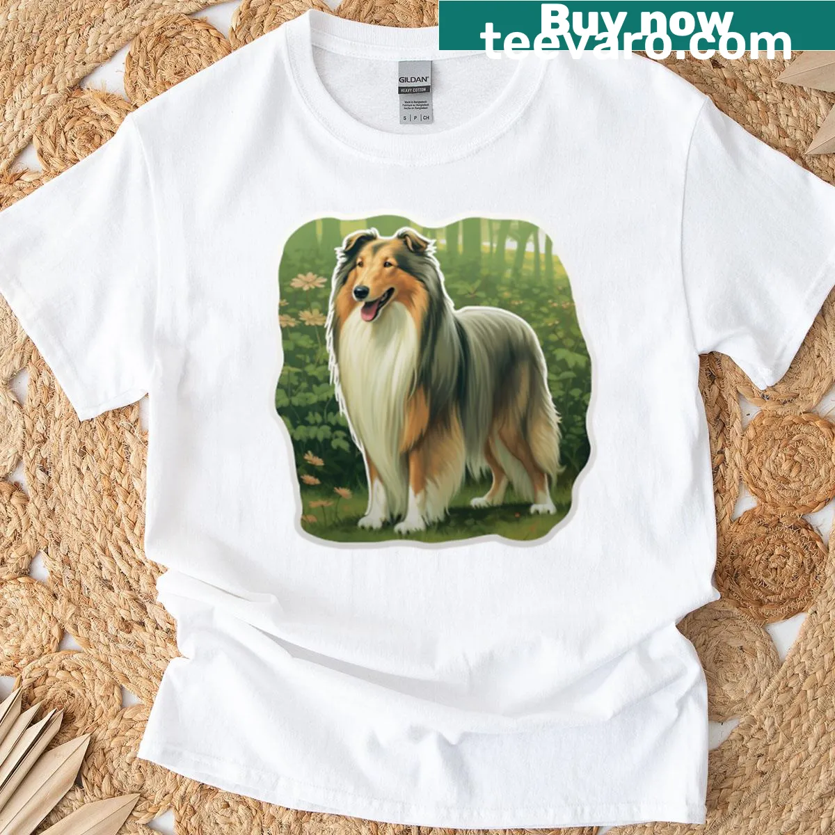 Painterly collie illustration in a forest on a t-shirt — on a men's t-shirt