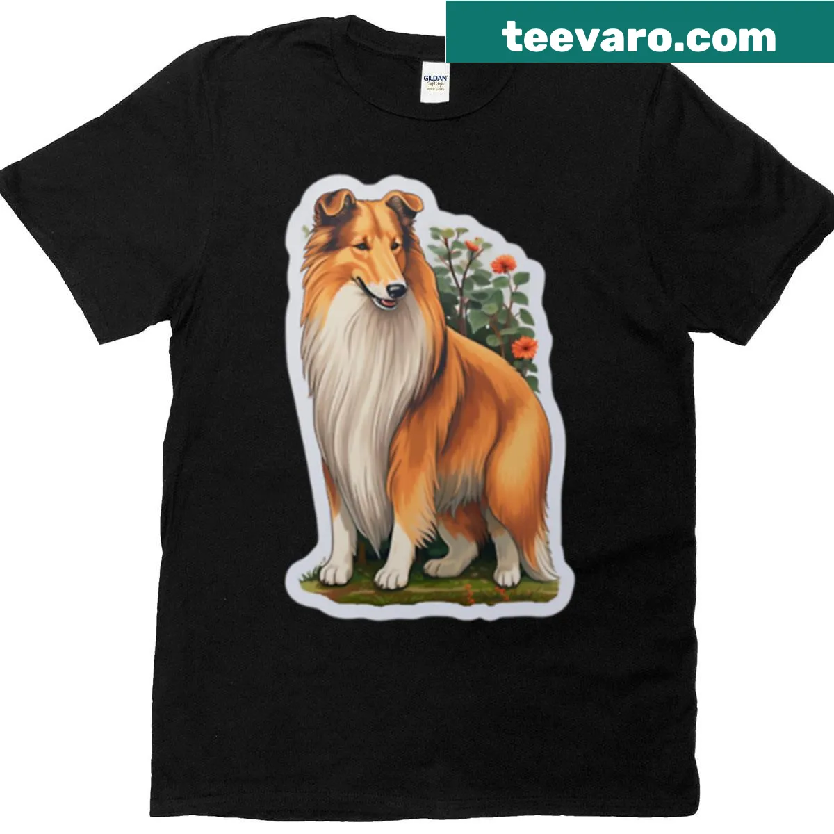Painterly Collie dog surrounded by marigolds on T-shirt — on a men's t-shirt