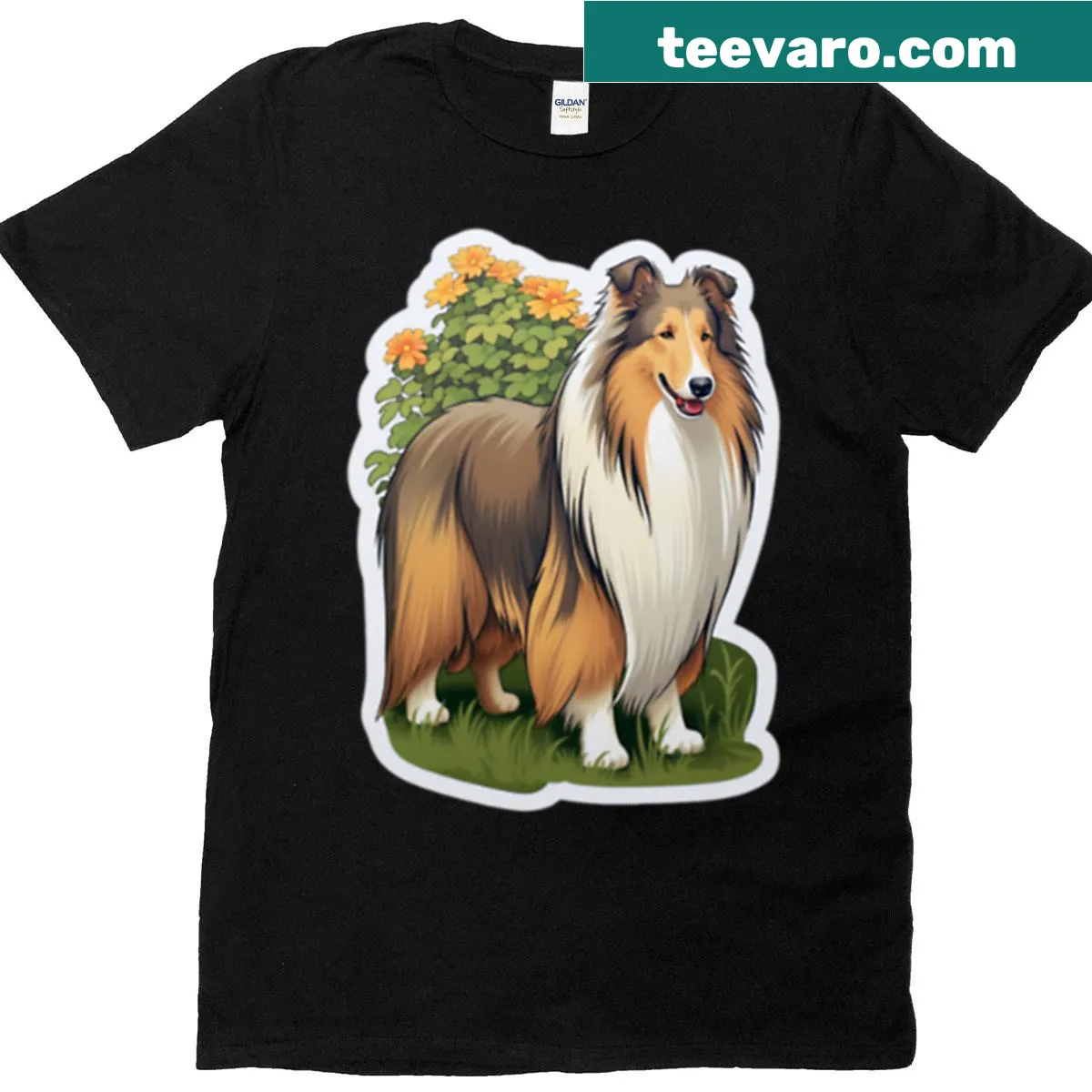 Illustration of a collie dog with orange flowers on a T-shirt — on a men's t-shirt