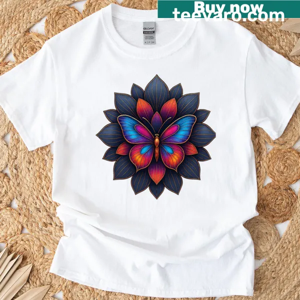 Butterfly mandala T-shirt with floral petals in a detailed design
