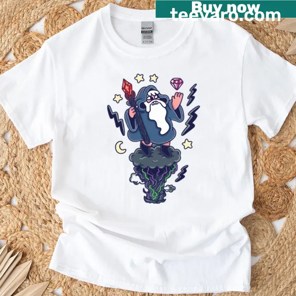 Comic wizard t-shirt with crystals and magic cloud design