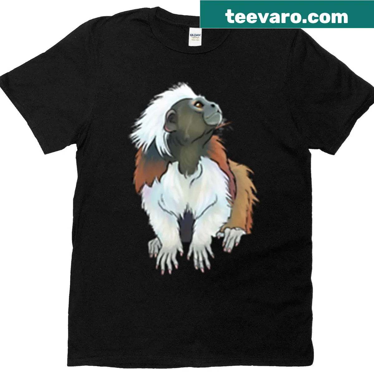 Illustration of a cotton-top tamarin showcasing its unique features — on a men's t-shirt