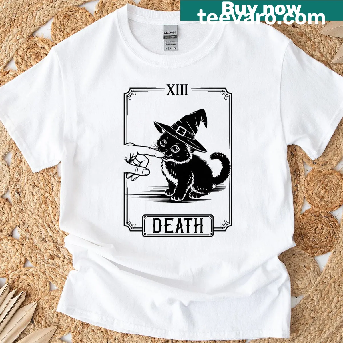 Creepmas Yule Cat t-shirt with vintage tarot card design — on a men's t-shirt