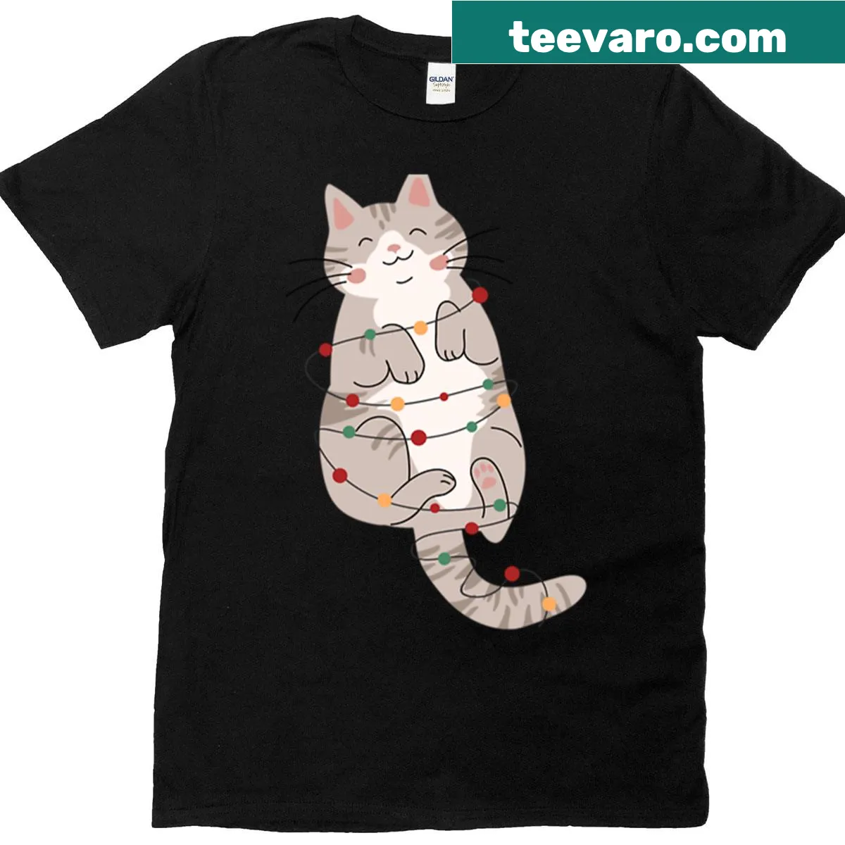 Whimsical illustration of a cat tangled in Christmas lights — on a men's t-shirt