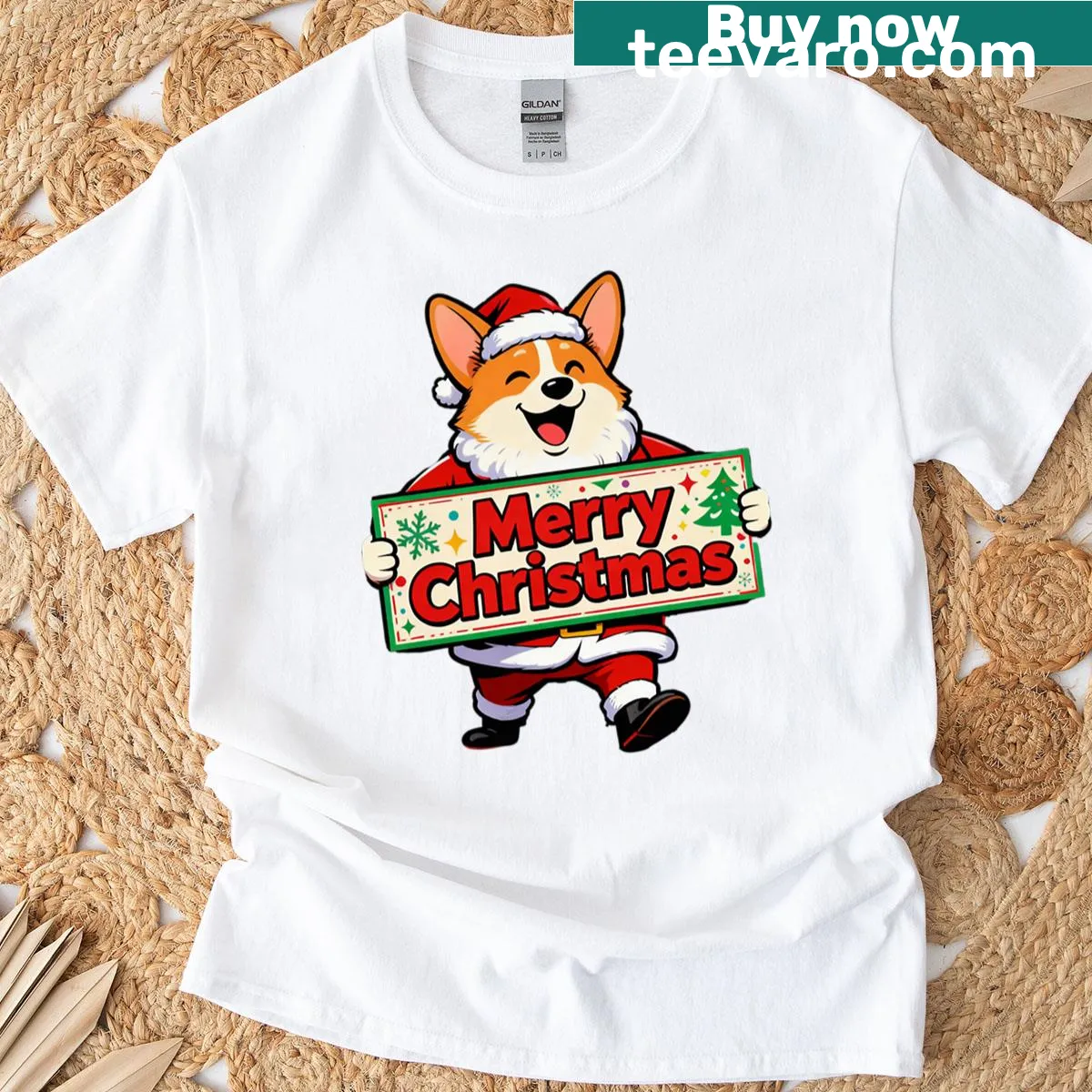Adorable dog with Merry Christmas sign on festive t-shirt — on a men's t-shirt