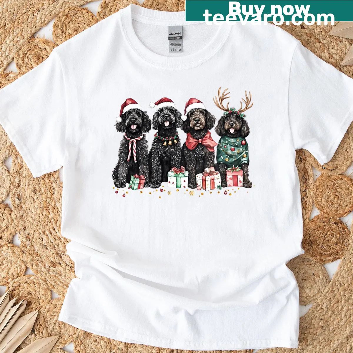 Cute Goldendoodle and reindeer Christmas graphic T-shirt — on a men's t-shirt