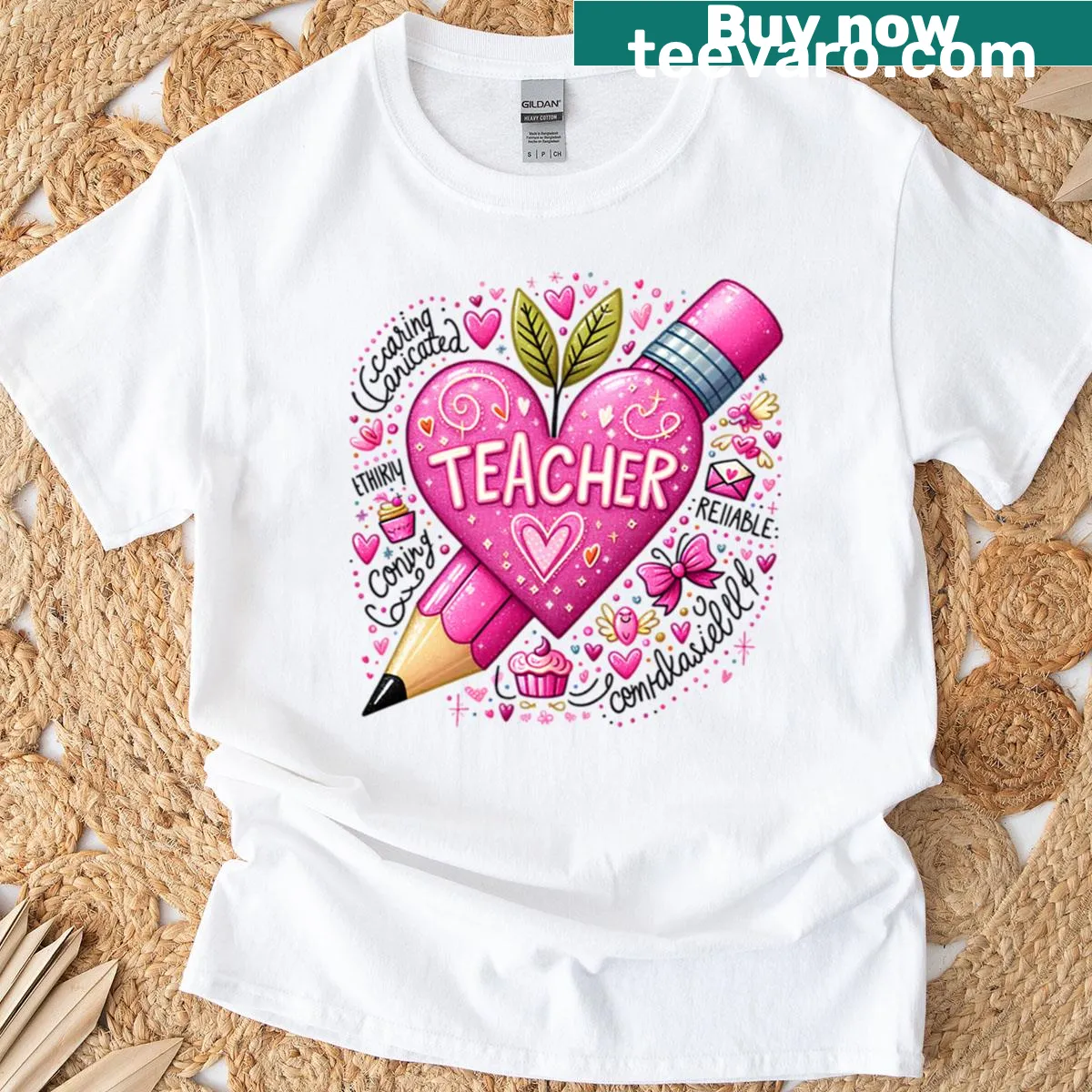 Teacher appreciation T-shirt with a heart pencil graphic and hand-lettered text — on a men's t-shirt