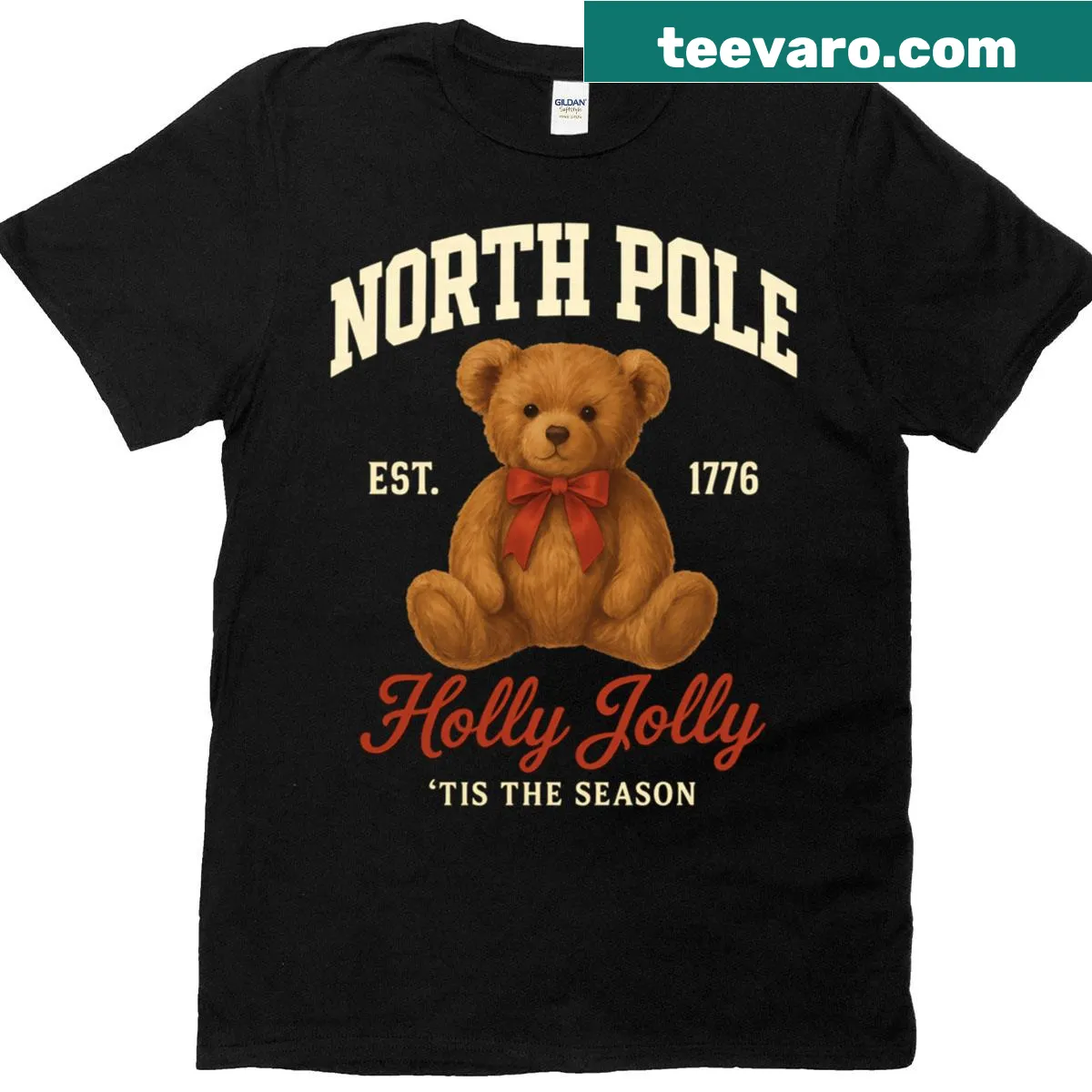 Teddy bear in collegiate style for a festive North Pole theme — on a men's t-shirt