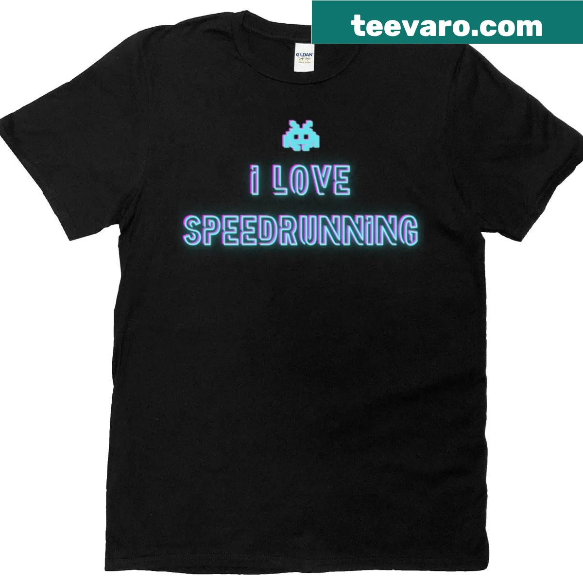 Retro T-shirt with glowing text 'I Love Speedrunning' — on a men's t-shirt