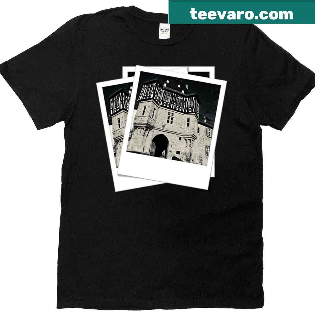 Vintage-style graphic resembling Polaroids from the Dark Ages on a T-shirt. — on a men's t-shirt