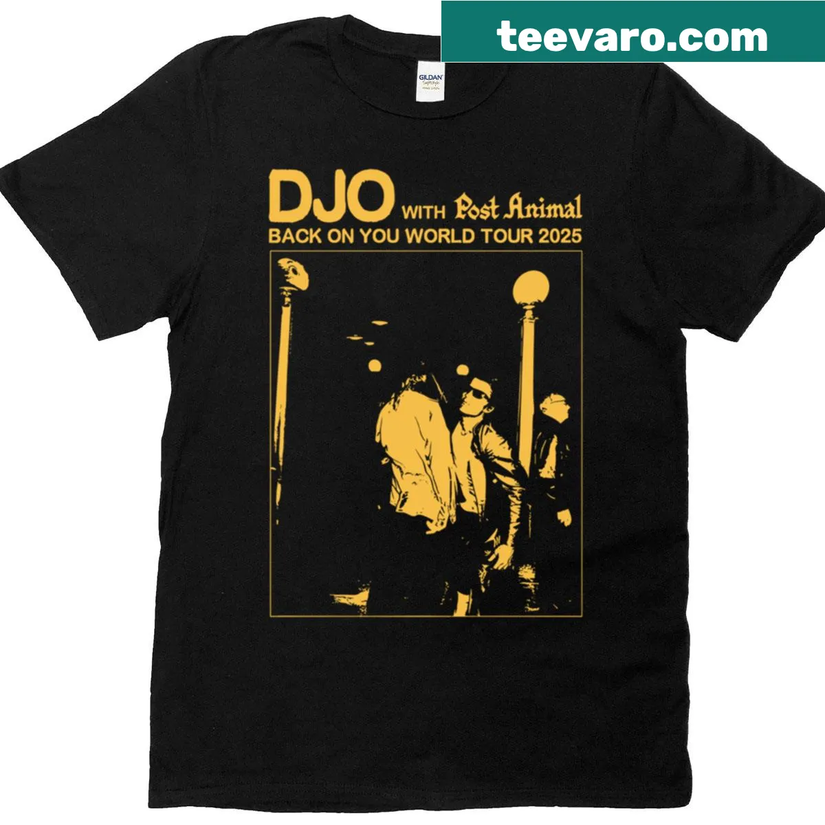 Illustrative t-shirt featuring Djo and Post Animal design — on a men's t-shirt