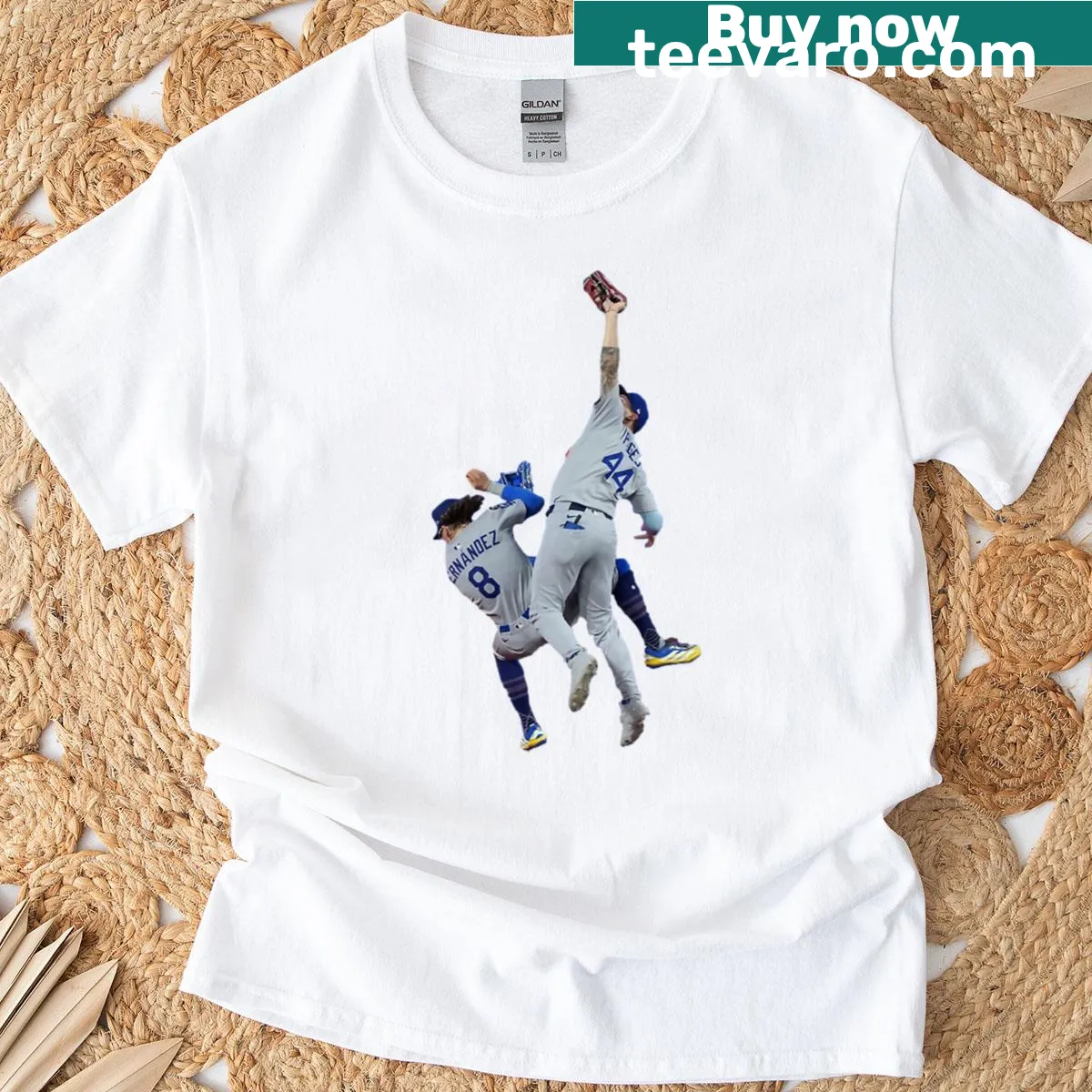 T-shirt featuring graphic of a Dodgers World Series catch — on a men's t-shirt