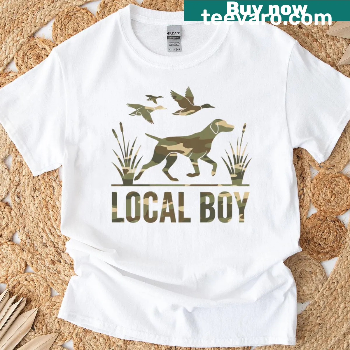 Vintage-style camo graphic on Local Boy Hunting Dog T-shirt. — on a men's t-shirt