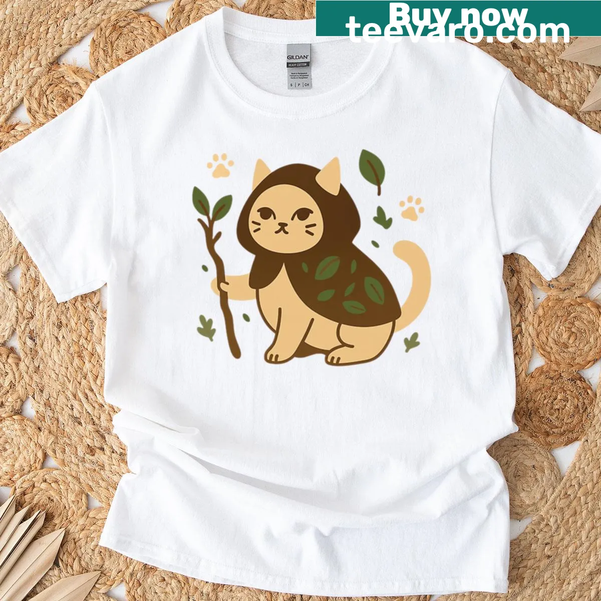 Illustrative T-shirt featuring a cat as a druid in nature — on a men's t-shirt