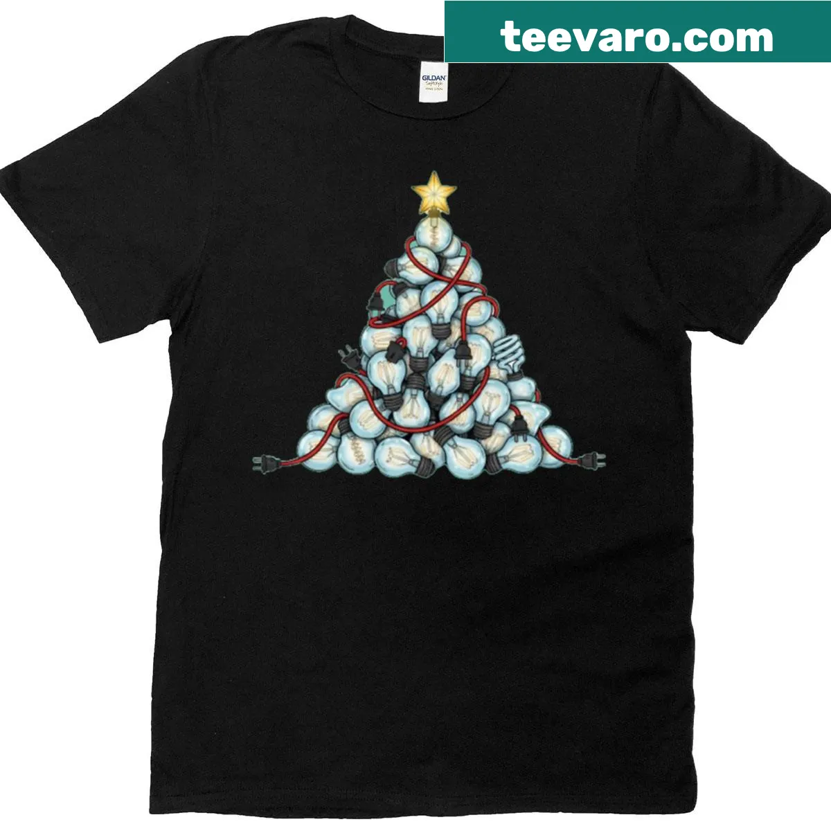 Unique electric Christmas tree design featuring colorful lightbulbs — on a men's t-shirt
