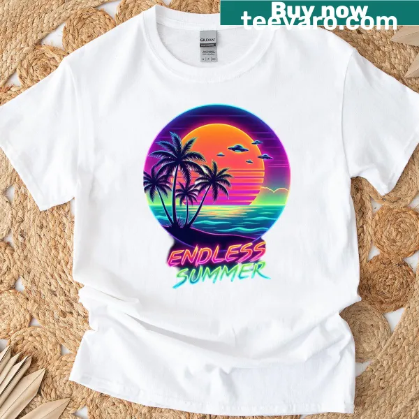 Retro design T-shirt with UFOs and palm trees against a sunset