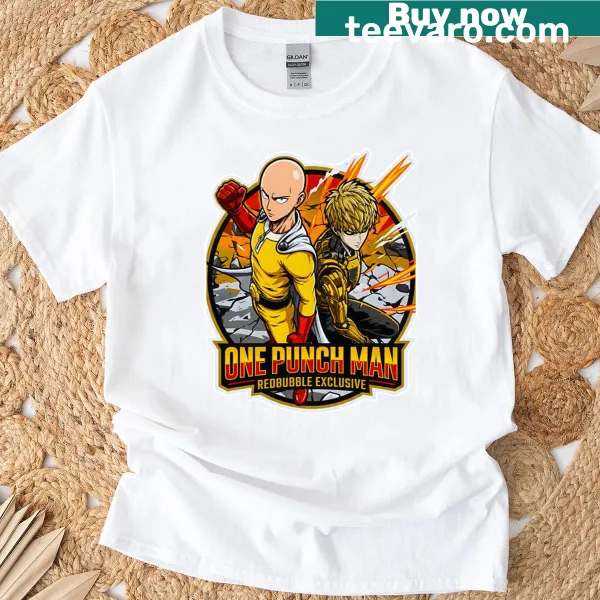 Dynamic anime illustration of a bald cyborg hero and warrior on a T-shirt