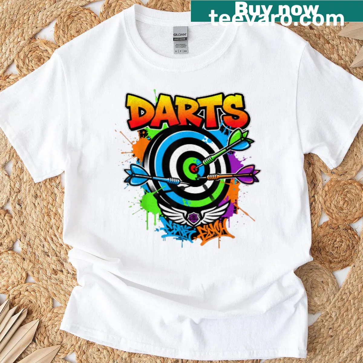 Retro graffiti-style dart-themed T-shirt for dart enthusiasts — on a men's t-shirt
