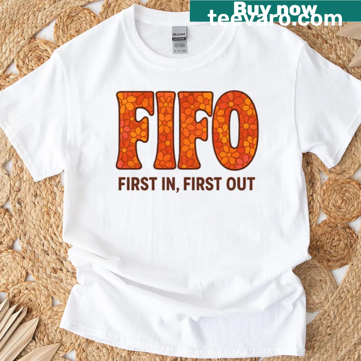 Vintage typography design with the phrase First In First Out and flowers — on a men's t-shirt