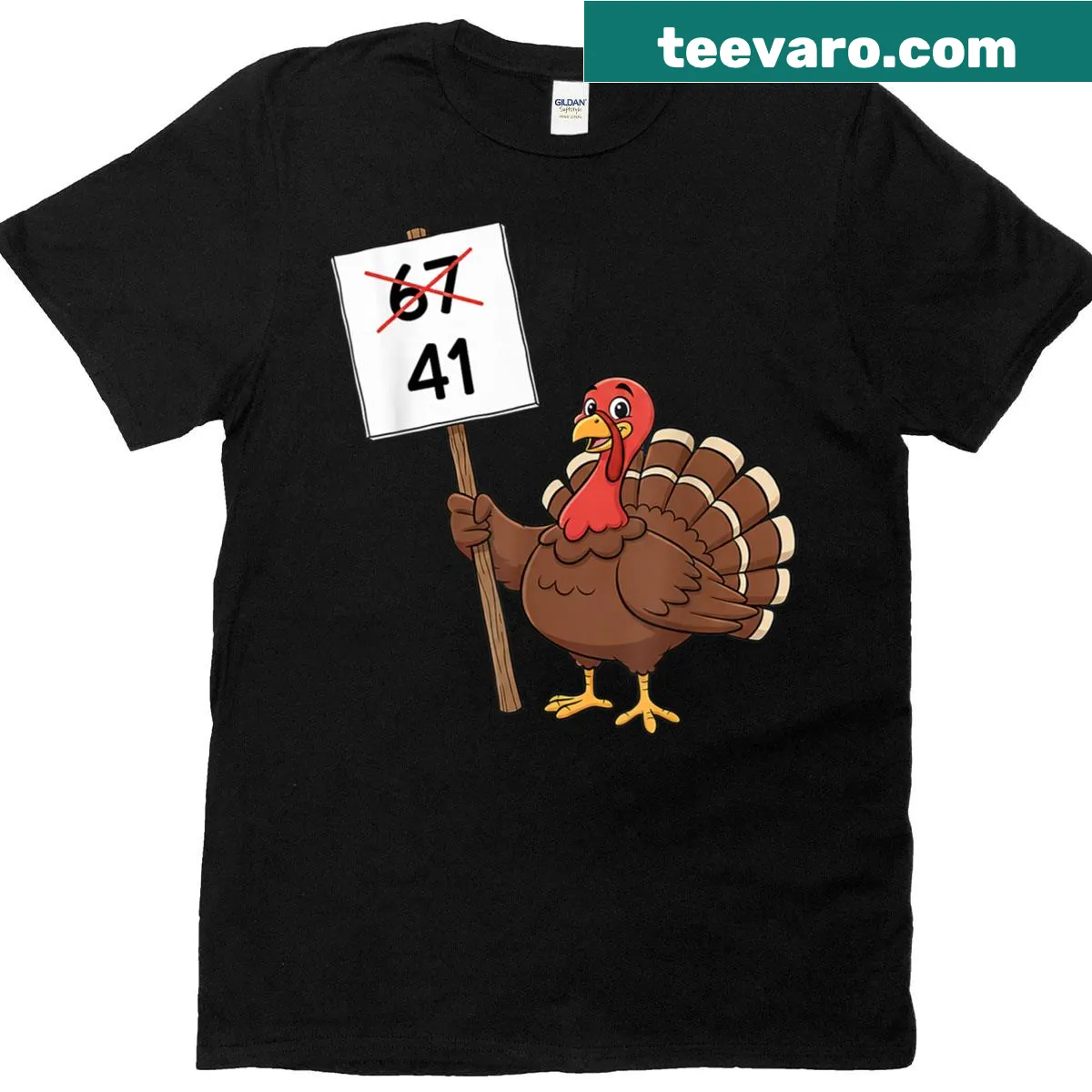 Turkey holding '41' sign for Thanksgiving humor t-shirt — on a men's t-shirt