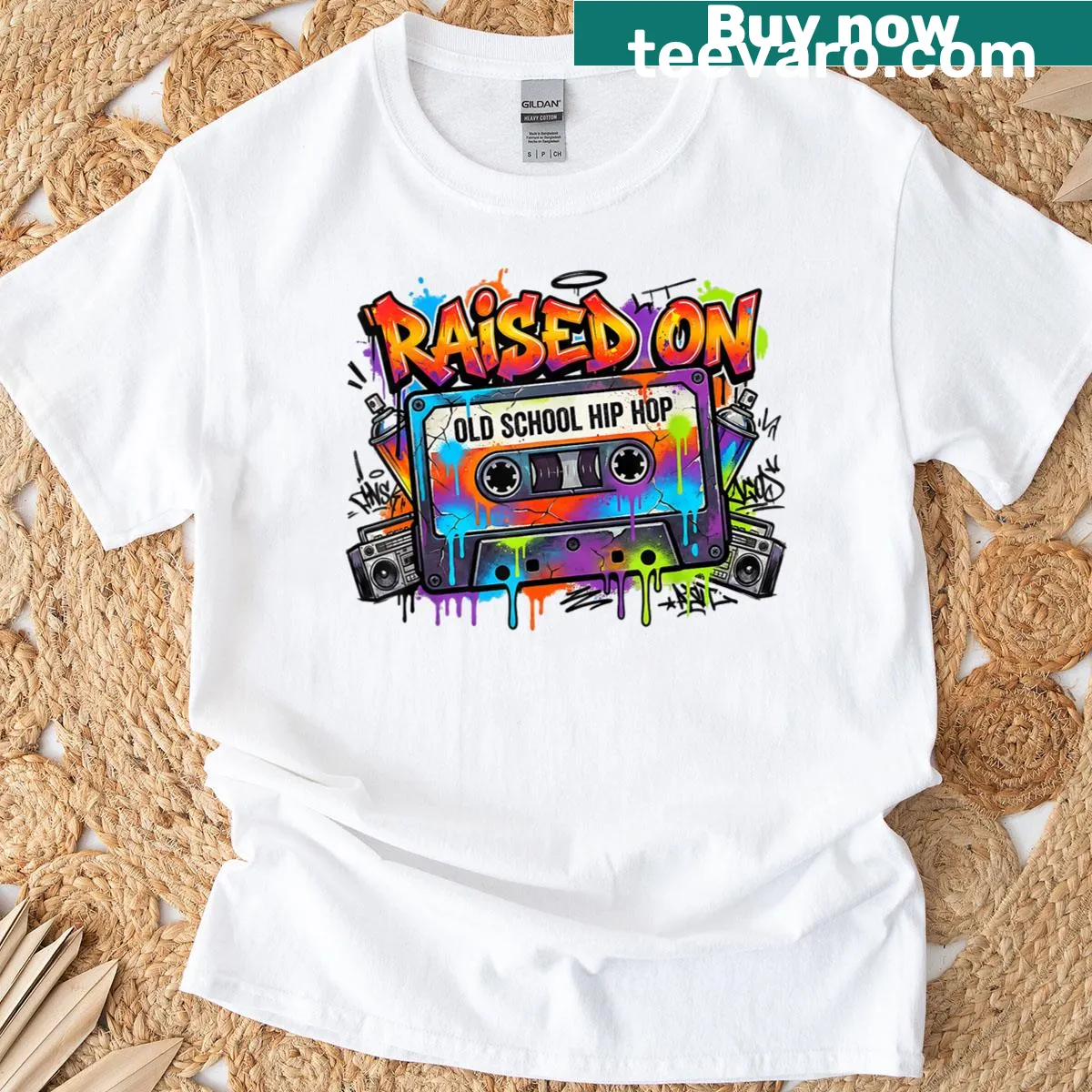 Funny t-shirt with a cartoon cassette and graffiti design — on a men's t-shirt